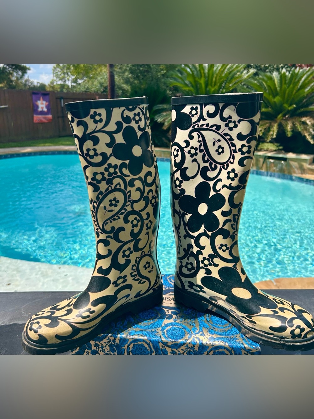 Capelli of New York Black & Cream Floral Paisley Waterproof Rain Boots